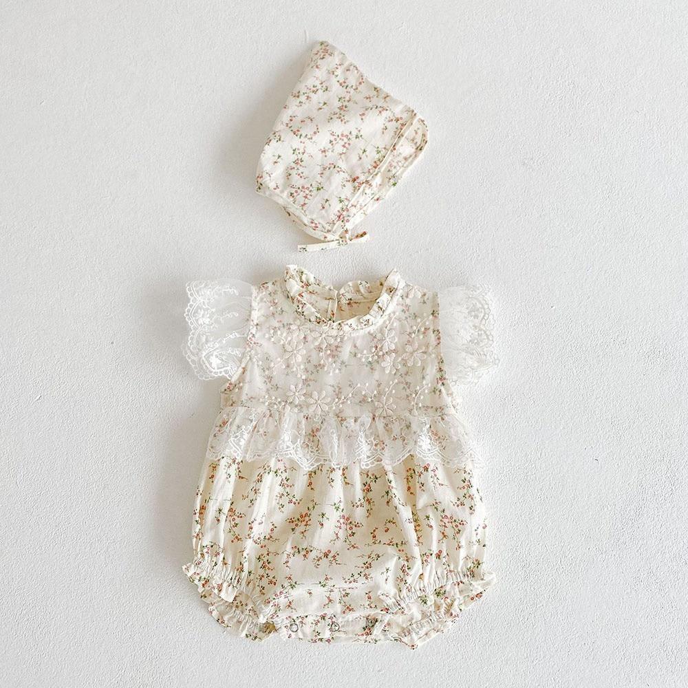 Bloemige Laced Romper met Matching Bonnet